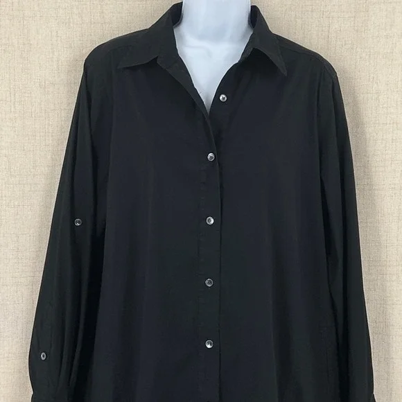 Lafayette 148 New York Womens Black Stretch Poplin Tunic Button Down Shirt Sz 10 - Picture 4 of 12